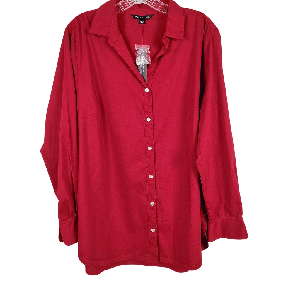 NWT Zac & Rachel Womens L Button Down Shirt Red Cotton Blend Officecore Chic